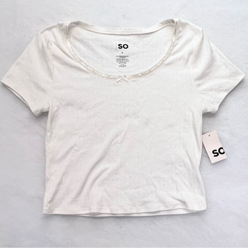 SO White‎ Scoop Neck Lace-Trim Short Sleeve Baby Tee, NWT,Lg